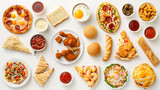 A collection of fast food, including pizza, sandwiches and other snacks, is displayed on a white background to emphasize their appetitiousness and variety.