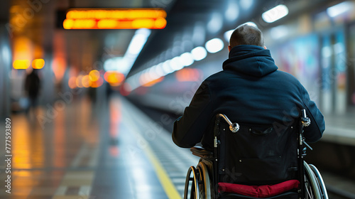 Middle aged man in wheelchair waiting for public transport at station photo