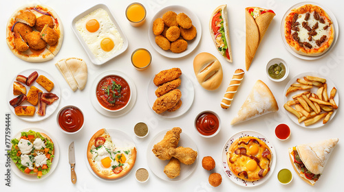 Fried chicken, deep fryer, eggs with bacon and other delicious fast food are highlighted on a white background.