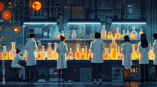 Many scientists are helping to invent chemicals.