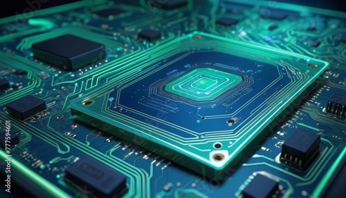 A detailed close-up of a processor on a circuit board, highlighting the intricacies of modern technology and electronics