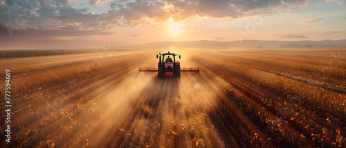 A tractor harvesting crops in a large field at sunset. Concept Agriculture, Farming, Sunset, Harvesting, Tractor