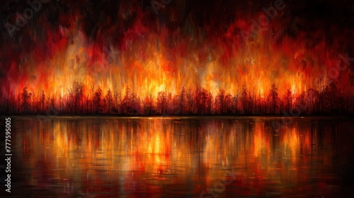 A fire blazes fiercely on the calm surface of a lake