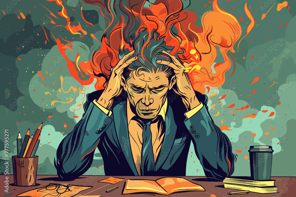 Exhausted businessman suffers from burnout, overwhelmed by the stress and pressure of excessive work, a concept of the importance of mental health and well-being in the workplace