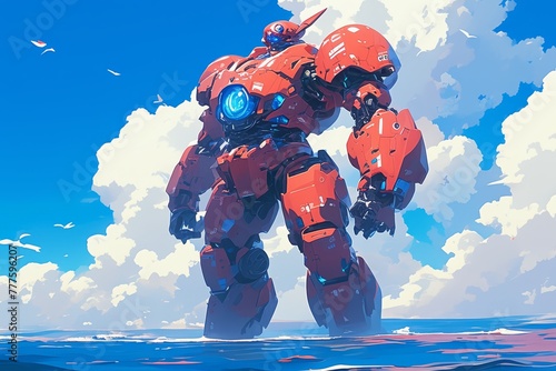 A red giant robot with blue lights on its face stands in the ocean photo
