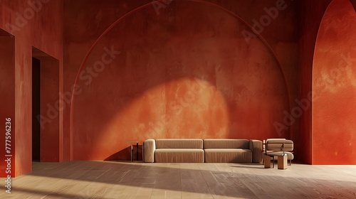 an interior design concept with an empty living room and a red arch wall texture, emphasizing modern aesthetics attractive look © Alia