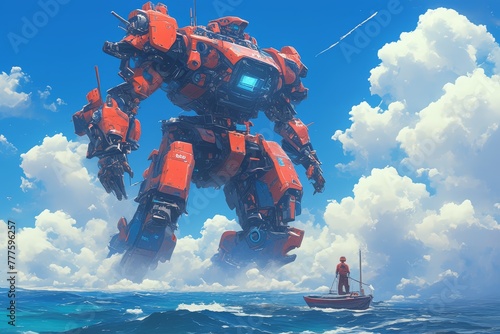 A red giant robot with blue lights stands on the sea, surrounded by white clouds and a clear sky. 