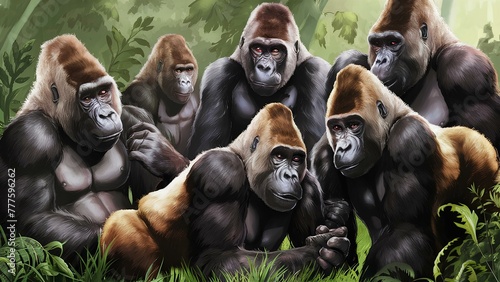 An illustration of a group of gorillas in their natural habitat
