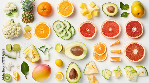 A close-up collection of healthy foods conveys the idea of diversity and richness of vitamins and nutrients.