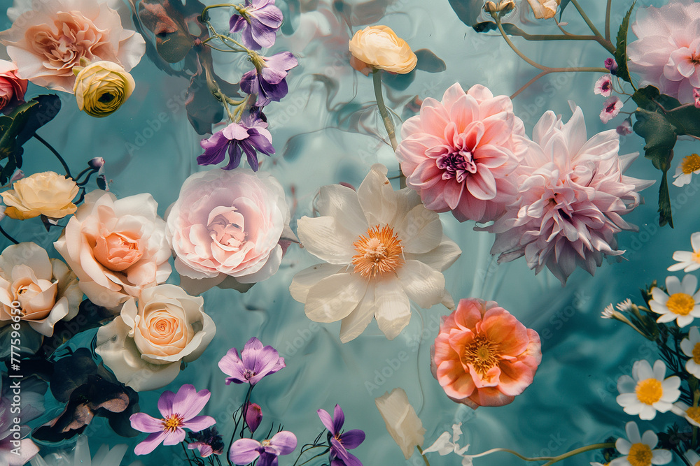 Elegant flowers gracefully float on water with reflections, presenting meditative tranquility and natural beauty.