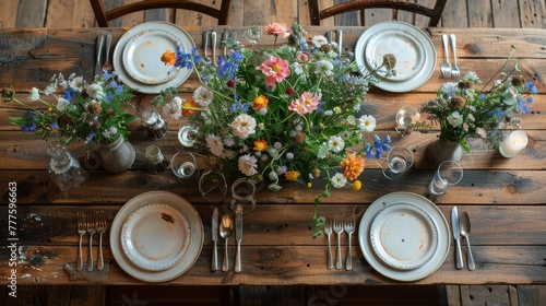 Wooden Table With Vase of Flowers
