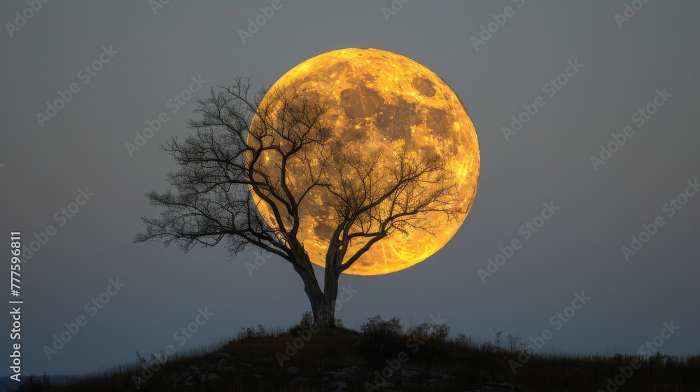 Fototapeta premium Full Moon Rising Over Tree on Hill