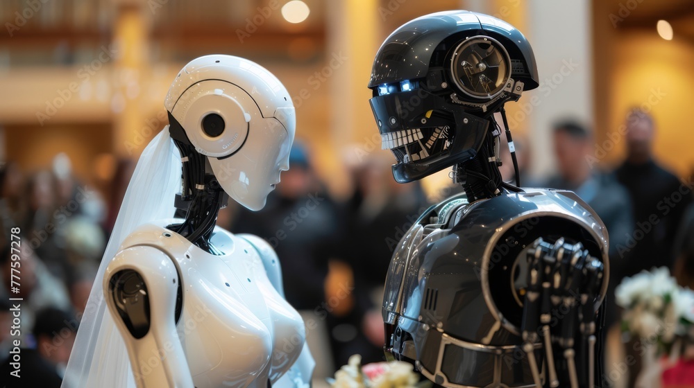 Robot wedding ceremony, highlighting futuristic love and AI concepts. Robot wedding ceremony, highlighting futuristic love and AI concepts.