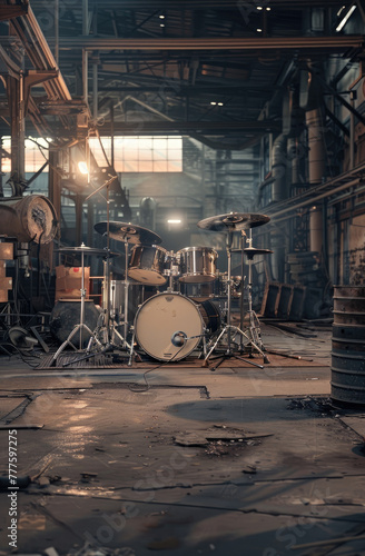 Big heavy metal drum kit with two bass drums in a old car parts factory Mood dark and grim Photorealistic Cinematic