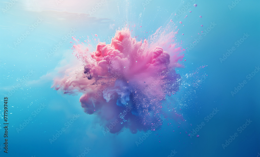 Underwater scene of an explosive burst of pink and blue inks, creating a dreamy and ethereal visual. Explosion of a paint in the sea.
