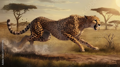 A detailed drawing of a cheetah sprinting across the African savannah