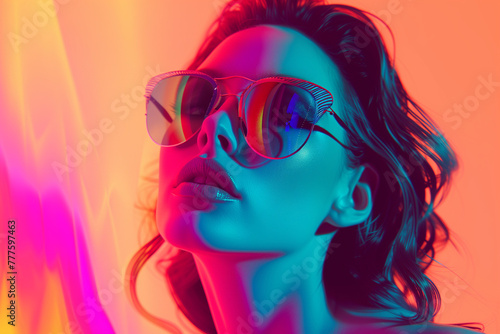 A vibrant portrait of a woman with sunglasses and colorful lights on her face, set against a neon pink and blue background.