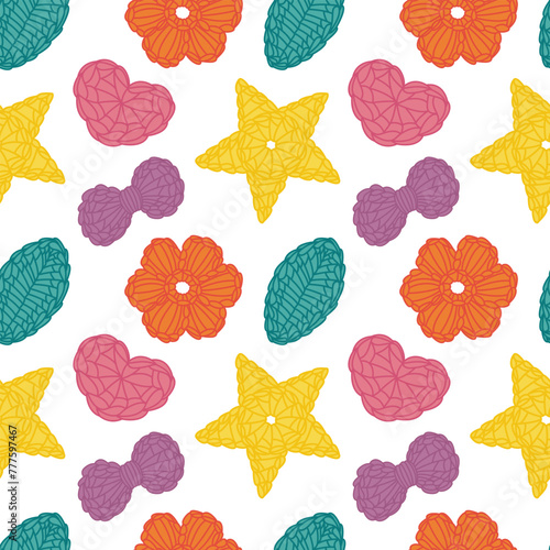 Crochet shapes seamless pattern. Various colorful crochet elements. Crocheting hobby flat style vector illustration