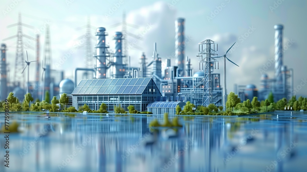 Obraz premium Renewable energy comes from wind turbines, solar cells, and water power. 