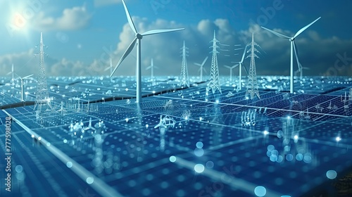 Renewable energy comes from wind turbines, solar cells, and water power. 