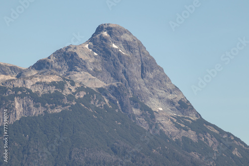 Lonely horizontal view of mountain peak with growing vegetation on the bottom, and an infinite clear blue sky on top