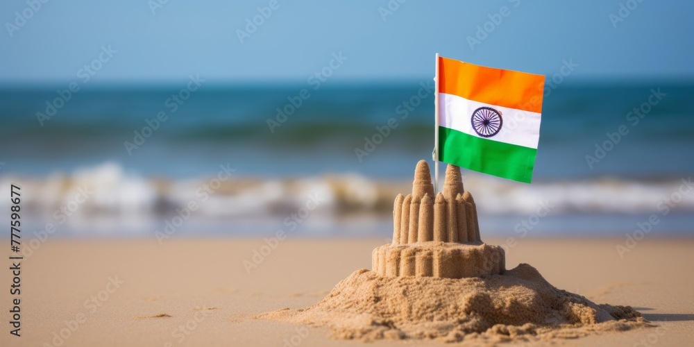 Sand castle on the coast with the flag of India. Generative AI. Sand castle on the coast with the flag of India. Generative AI.