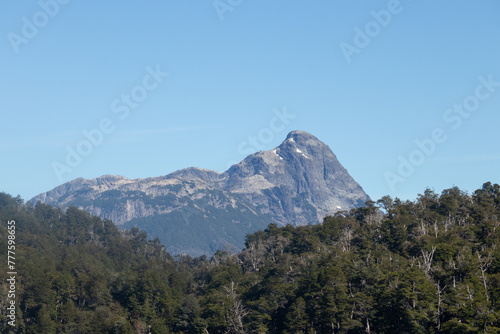 Lonely horizontal view of mountain peak with growing vegetation on the bottom, and an infinite clear blue sky on top