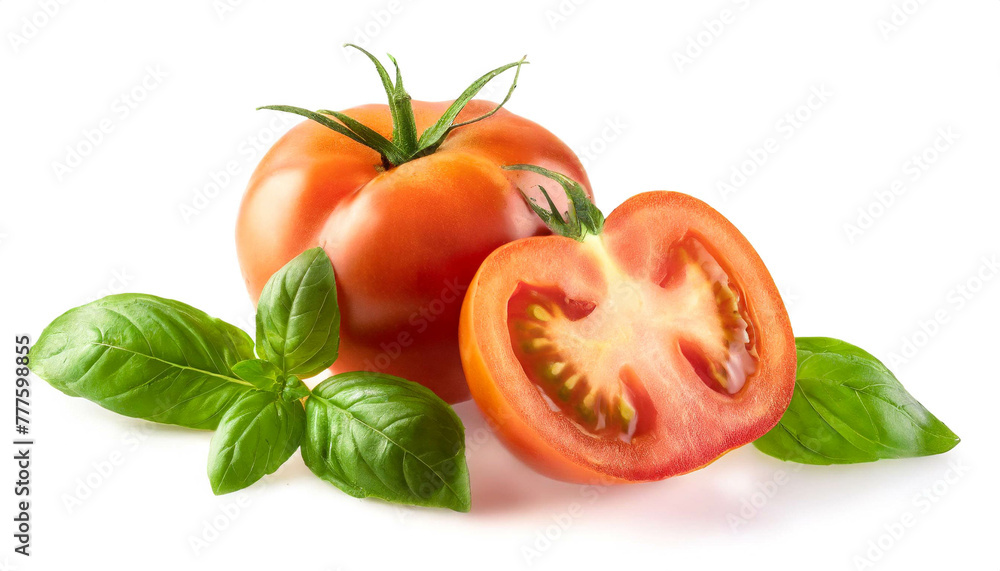 Tomate mit Basilikum isoliert auf weißen Hintergrund, Freisteller 