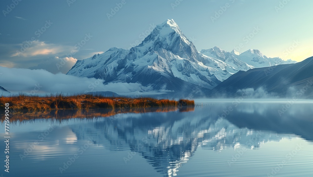 The snowy mountain creates a stunning reflection in the tranquil lake, enhancing the natural landscape of the highland area. The sky meets the horizon in this picturesque geological phenomenon