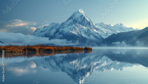 The snowy mountain creates a stunning reflection in the tranquil lake, enhancing the natural landscape of the highland area. The sky meets the horizon in this picturesque geological phenomenon