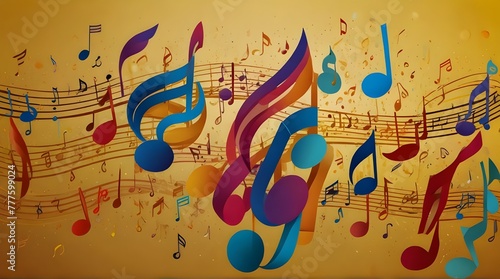 Colorful music notes background isolated yellow background .Generative AI