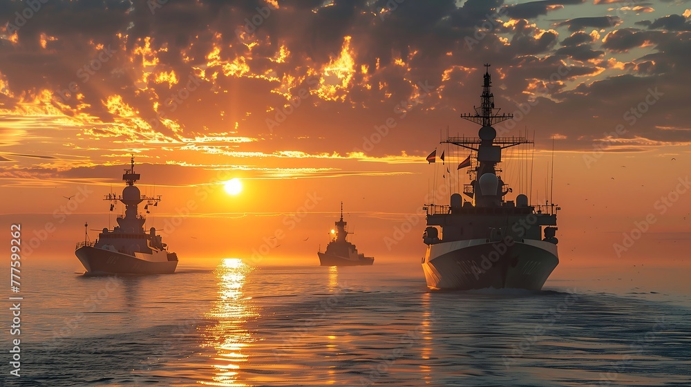 Military navy ships in a sea bay at sunset Military navy ships in a sea bay at sunset