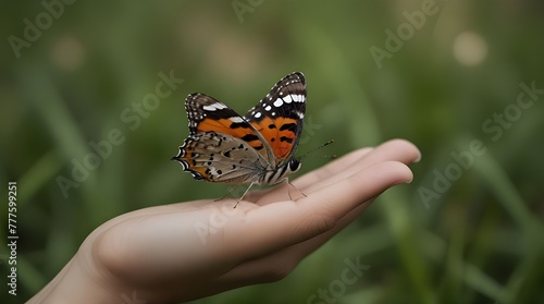 butterfly in hand on grass .Generative AI