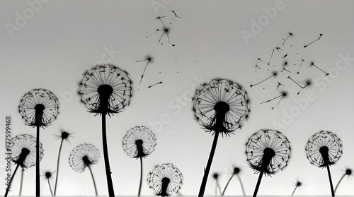 black silhouette with flying dandelion buds on a white background .Generative AI