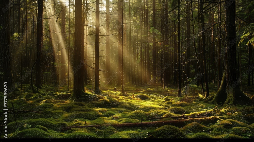 Sunlight filtering through the canopy of a dense forest, casting a warm glow on the moss-covered ground below.