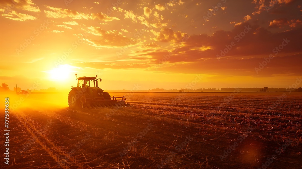 Ploughing a field with tractor at sunset Ploughing a field with tractor at sunset