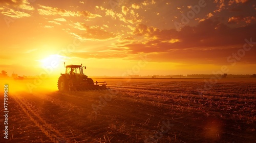 Ploughing a field with tractor at sunset 