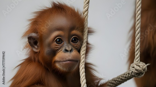 Baby Sumatran Orangutan hanging on rope against white background .Generative AI photo