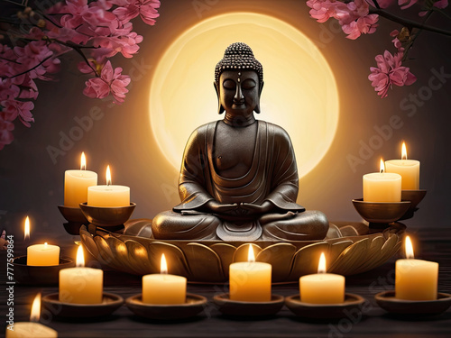 Happy Vesak Day. Buddha statue with candles and cherry blossoms on dark background