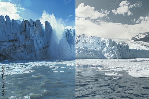 A glacier calving into the ocean with before and after images showing rapid ice loss