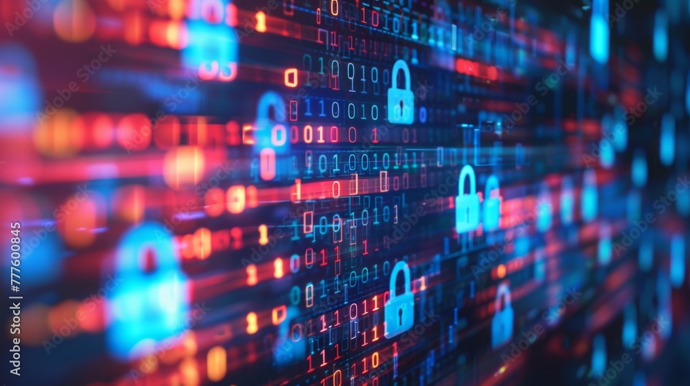 Digital artwork visualizing the concept of cybersecurity threats, with binary codes and digital locks symbolizing data breaches and cyberattacks Digital artwork visualizing the concept of cybersecurity threats, with binary codes and digital locks symbolizing data breaches and cyberattacks