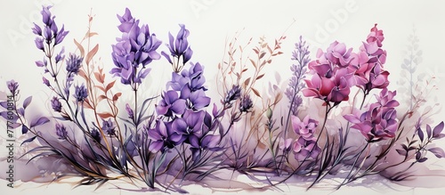 Lavender and iris flowers on a white background. photo