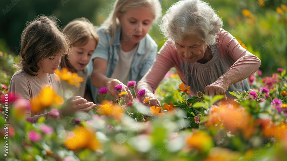 Elderly Woman Teaching Children Gardening Among Vibrant Flowers