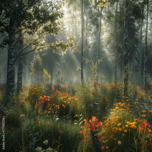 Lush Forest Abloom With Flowers and Trees