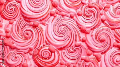 A swirl of red and white frosting with a lot of red dots
