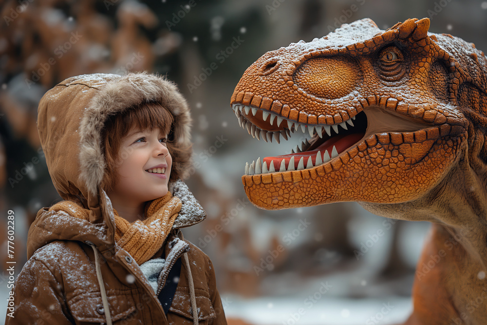 child smiling to a dinosaurus Stock Photo | Adobe Stock