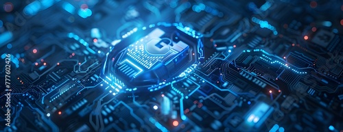 A digital padlock surrounded by holographic elements representing data security, set against an abstract circuit board background with glowing electronic components. 