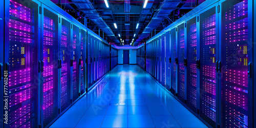 Multiple rows of servers neatly aligned in data center, showcasing the infrastructure supporting digital operations. photo