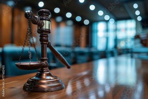 Scales of Justice on Wooden Desk in Courtroom photo