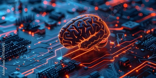 A digital brain with glowing neural connections floating above an abstract circuit board.